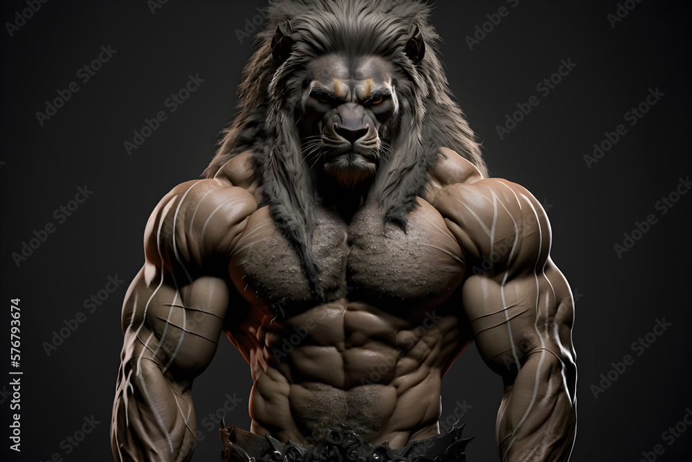 Portrait of a strong male lion in a gym, bodybuilding concept generative ai Portrait of a strong male lion in a gym, bodybuilding concept generative ai