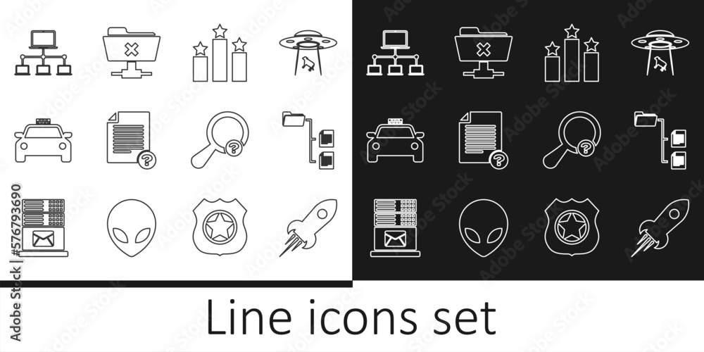 Set line Rocket ship with fire, Folder tree, Ranking star, Unknown document, Taxi car, Computer network, search and FTP cancel operation icon. Vector Set line Rocket ship with fire, Folder tree, Ranking star, Unknown document, Taxi car, Computer network, search and FTP cancel operation icon. Vector