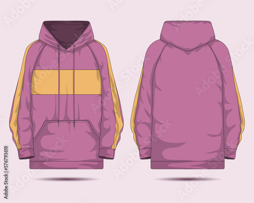 Pink women's hoodie with yellow stripes front and back view