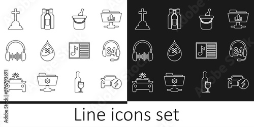 Set line Electric car, Headphone for support, Bottle of wine in bucket, Water drop percentage, and sound waves, Tombstone with cross, Music book note and Bottles icon. Vector