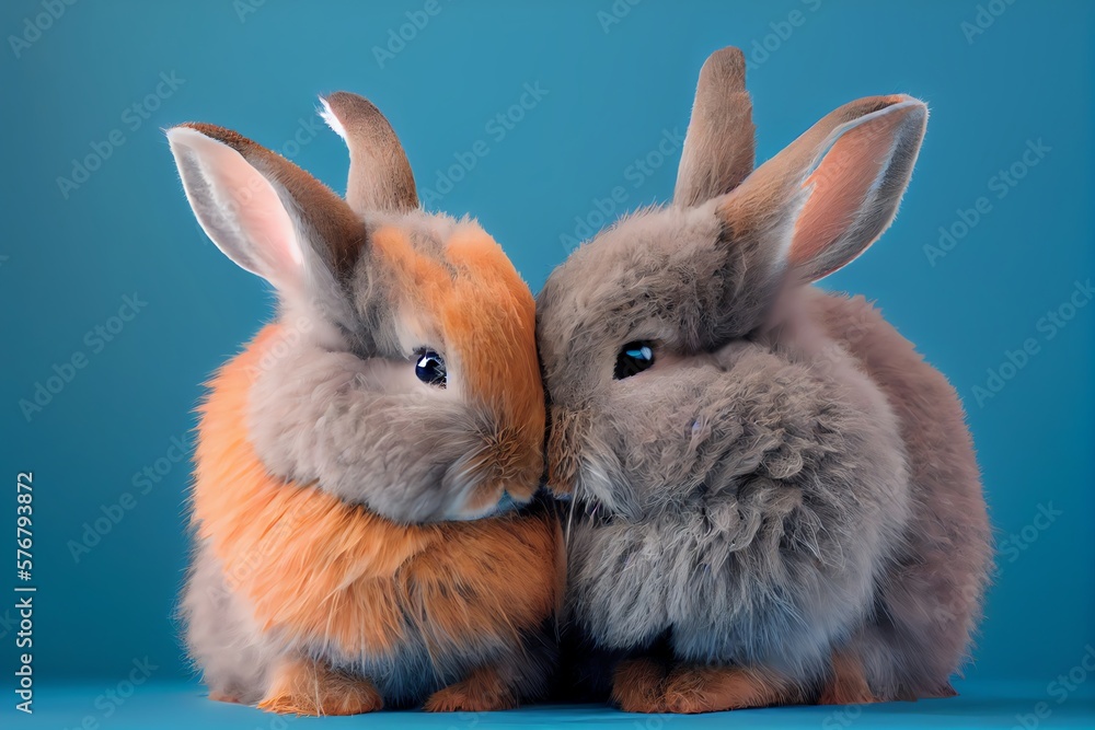 Fototapeta premium Two Cute Fluffy Grey And Orange Bunnies Hugging On A Plain Studio Blue Background. ValentineS Day. Generative AI