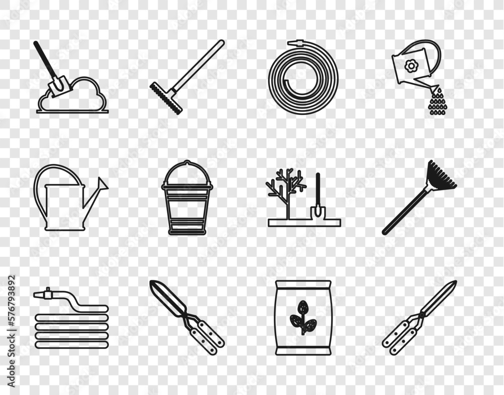Obraz premium Set line Garden hose or fire hose, Gardening handmade scissor, Shovel the ground, Bucket, Fertilizer bag and rake for leaves icon. Vector