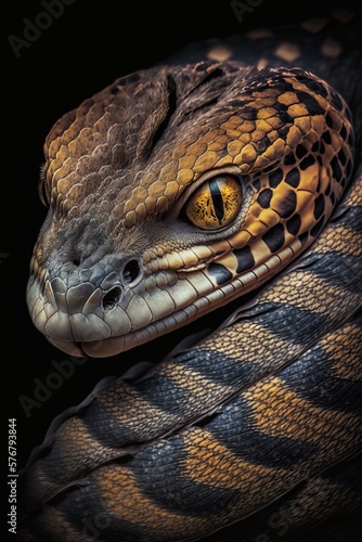 Close-up portrait of a snake on a black background. Generative AI