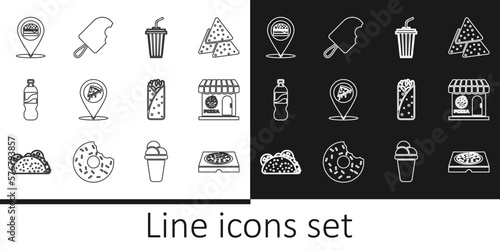 Set line Pizza in cardboard box, Pizzeria building facade, Glass with water, Location slice pizza, Bottle of, burger, Burrito and Ice cream icon. Vector
