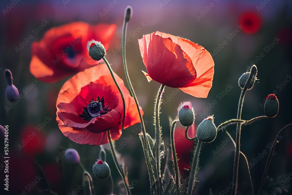 Obraz premium Flowers Red Poppies Blossom On Wild Field. Beautiful Field Red Poppies With Selective Focus. Red Poppies In Soft Light. Opium Poppy. Natural Drugs. Generative AI