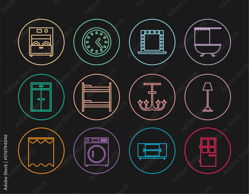 Set line Closed door, Floor lamp, Makeup mirror with lights, Bunk bed, Wardrobe, Kitchen dishwasher machine, Chandelier and Clock icon. Vector Set line Closed door, Floor lamp, Makeup mirror with lights, Bunk bed, Wardrobe, Kitchen dishwasher machine, Chandelier and Clock icon. Vector