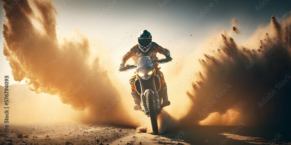 Fototapeta premium Banner Motocross sport extreme. Motocross rider in ride sand with dust, sunlight. Generation AI