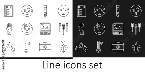 Set line Cockroach, Wheat, Test tube and flask, Man having headache, Hand with psoriasis or eczema, Clinical record, Monitor cardiogram and excessive sweating icon. Vector