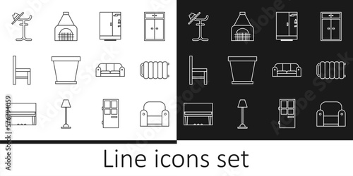 Set line Armchair, Heating radiator, Shower cabin, Flower pot, Chair, Coat stand, Sofa and Interior fireplace icon. Vector
