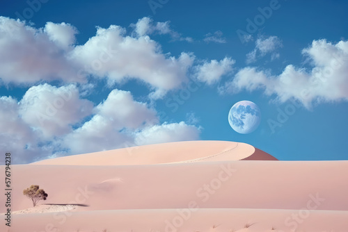 Creative light color sand dunes, blue sky with clouds and moon. Wallpaper sand dunes in the desert. Trendy abstract, minimal backdrop. 3d render illustration. Generative AI art.