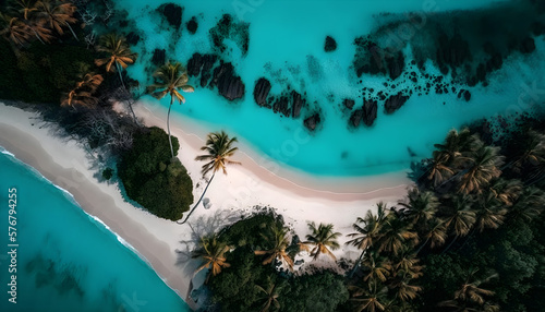 Soaring Over Paradise: Aerial Illustration of Tropical Island's White Sand Beach and Turquoise Water Generative AI Technology