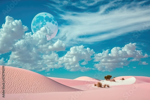 Creative pastel pink sand dunes, blue sky with clouds and moon. Wallpaper sand dunes in the desert. Trendy abstract, minimal backdrop. 3d render illustration. Generative AI art.