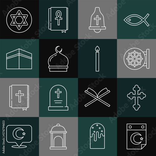 Set line Star and crescent, Christian cross, Dharma wheel, Church bell, Muslim Mosque, Kaaba mosque, of David and Burning candle icon. Vector