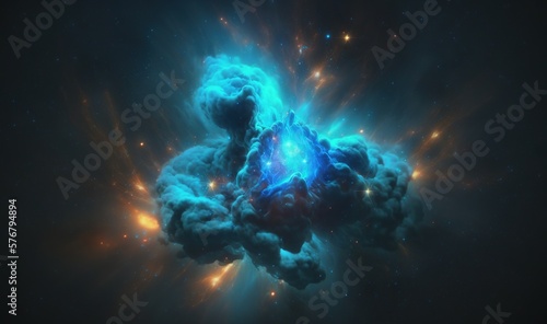  a blue and black cloud in the middle of a dark sky filled with stars and lightening up the center of the cloud is a bright blue and black background. generative ai