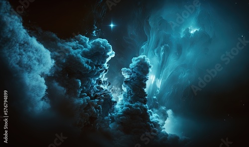  a blue and black photo of a large cloud of smoke and smoke rising from the ground, with a star in the sky above it. generative ai