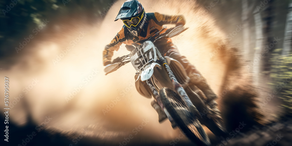 Rider dirt biker Motocross riding in forest with dust. Banner Extreme sport motocross dirtbike. Generation AI Rider dirt biker Motocross riding in forest with dust. Banner Extreme sport motocross dirtbike. Generation AI