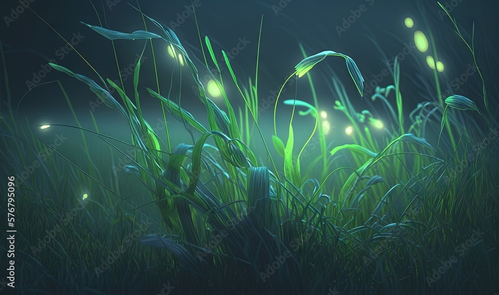  a digital painting of grass and fireflies in the night sky with a glowing glow on the grass and the grass is green and glowing.  generative ai