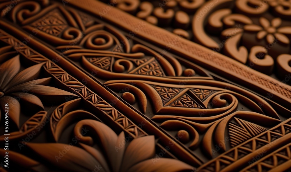  a close up of a wooden carving of a flower and leaf design on a piece of wood with a black background and a brown background.  generative ai