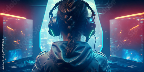 Cybersport banner, Neon red and blue color. Professional gamer playing online games with headphones. Generation AI