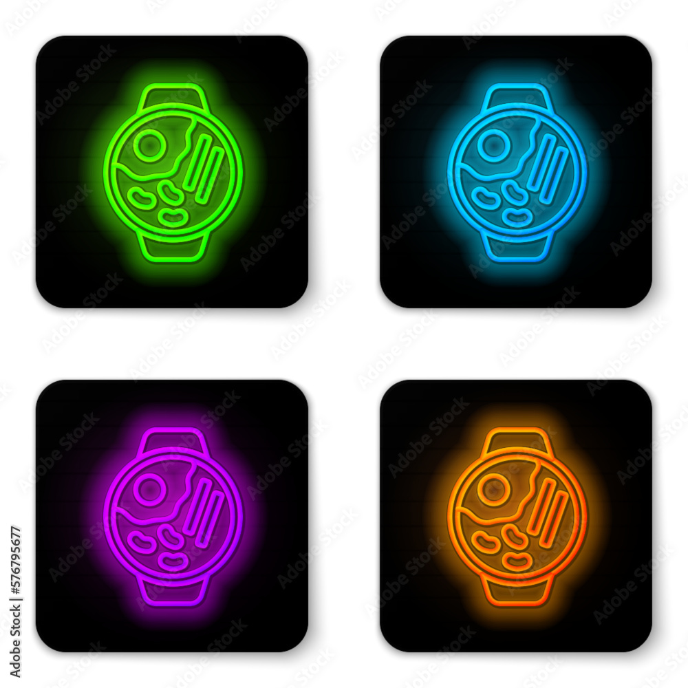 Glowing neon line Ramen soup bowl with noodles icon isolated on white background. Bowl of traditional asian noodle soup. Black square button. Vector Glowing neon line Ramen soup bowl with noodles icon isolated on white background. Bowl of traditional asian noodle soup. Black square button. Vector