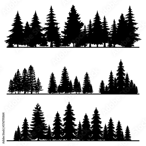 Pine trees and forest silhouettes set in monochrome style isolated vector illustration