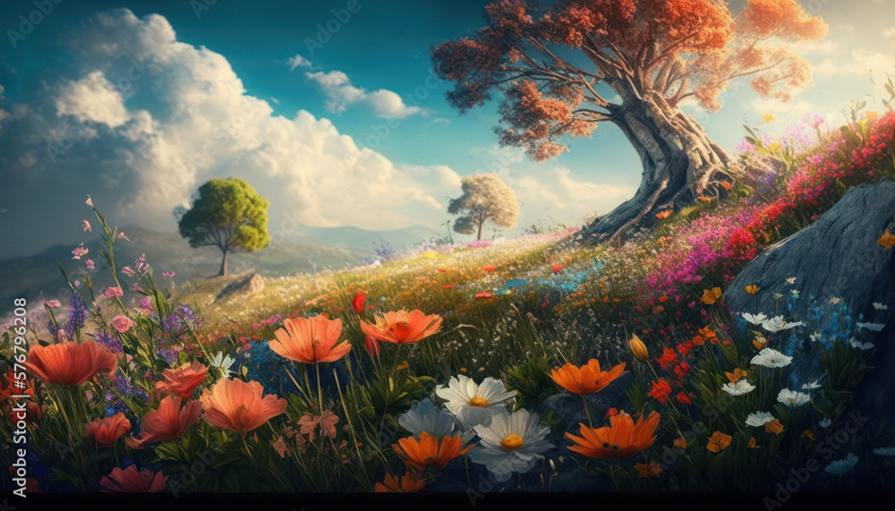Colorful flower meadow in spring as digital illustration (Generative AI)