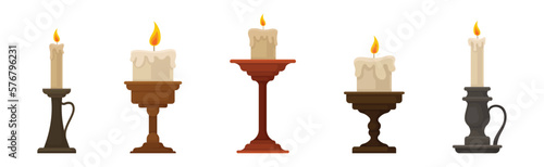 Burning Candles in Candlesticks and Vintage Candle Holders Vector Set