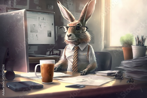Rabbit man in a shirt in the office. The clerk is doing paperwork. Nerd hare doing routine. Generative art.