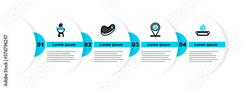 Set line Hotdog sandwich, Location with fire flame, Steak meat and Barbecue grilled shish kebab icon. Vector