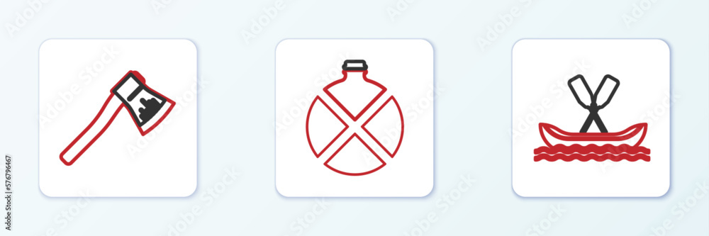 Set line Rafting boat, Wooden axe and Canteen water bottle icon. Vector Set line Rafting boat, Wooden axe and Canteen water bottle icon. Vector