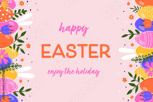 Colourful greeting card with Easter eggs, bunnies and flowers. Easter design. Vector illustration