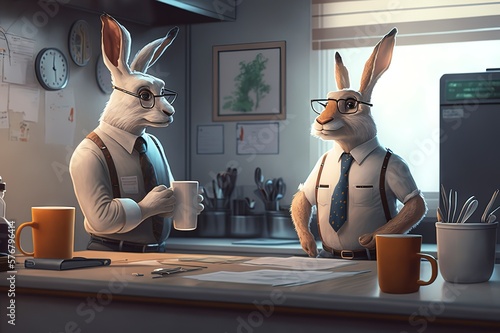 Two bunny people in shirts in an office. Clerks do paperwork. Nerd hare doing routine. Colleagues discuss work. Coffee break. Generative art.