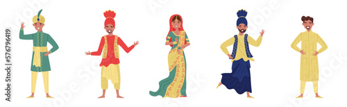 Indian Man and Woman Wearing National Clothes Vector Set