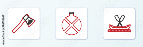 Set line Rafting boat, Wooden axe and Canteen water bottle icon. Vector