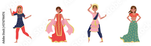 Indian Woman Wearing National Clothes Vector Set