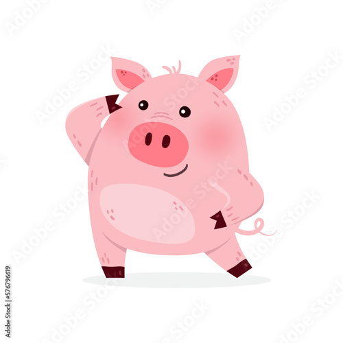 Cute cartoon pig on a white background. Design of a funny animal character. Vector illustration