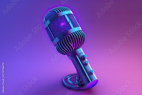 Neon Violet Light Illuminated Microphone Illustration. Photo generative AI