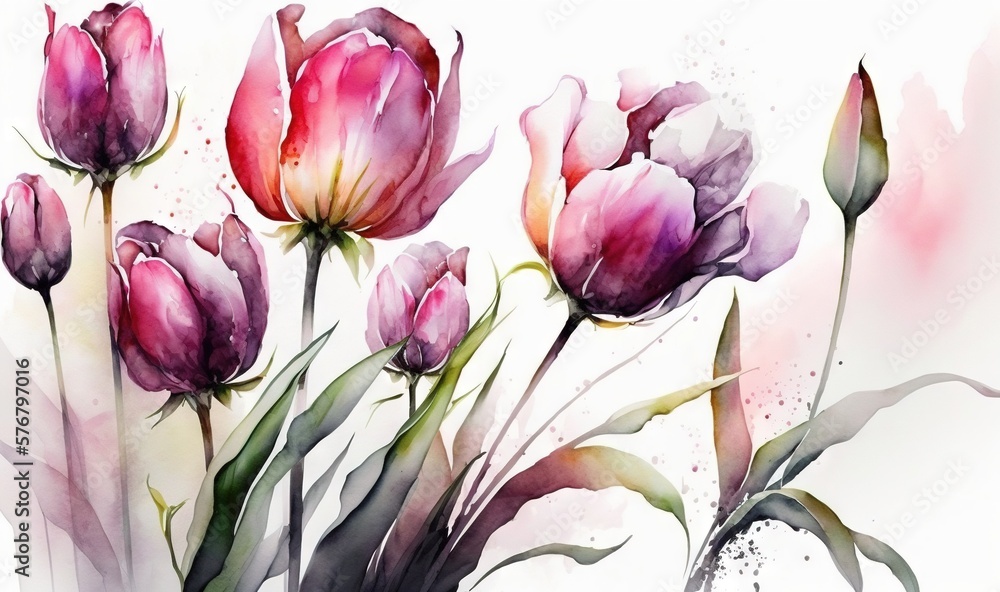 a watercolor painting of pink tulips on a white background with a ...