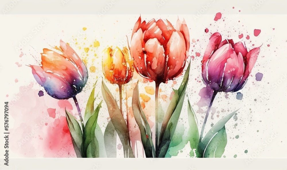 a watercolor painting of three tulips with a splash of paint on the ...