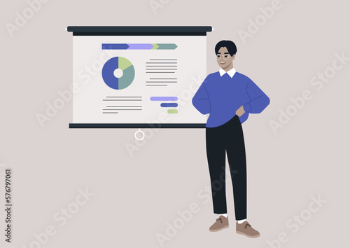 A young male Asian financial advisor reporting on a conference, a video projector screen with a pie chart infographics