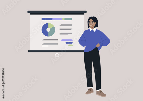 A young female Caucasian financial advisor reporting on a conference, a video projector screen with a pie chart infographics