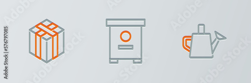 Set line Watering can, Bale of hay and Hive for bees icon. Vector