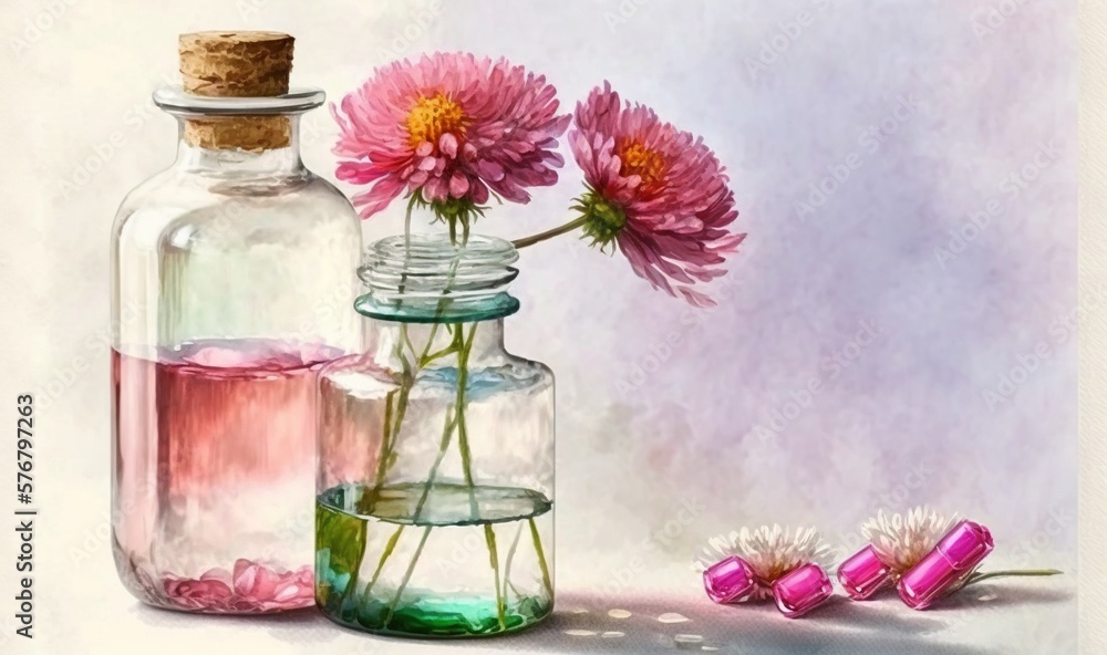 a painting of pink flowers in a glass bottle and a pink rollers on a white tablecloth with a pink background and a white polka dot. generative ai a painting of pink flowers in a glass bottle and a pink rollers on a white tablecloth with a pink background and a white polka dot. generative ai