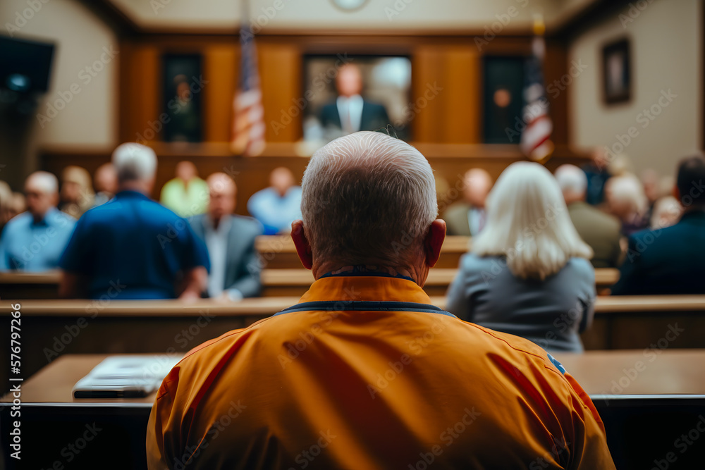 Court session defendant in orange suit. Court of Law and Justice, people listen to arguments and evidence, excuses. The concept of the judicial system American flag. Generative AI Court session defendant in orange suit. Court of Law and Justice, people listen to arguments and evidence, excuses. The concept of the judicial system American flag. Generative AI
