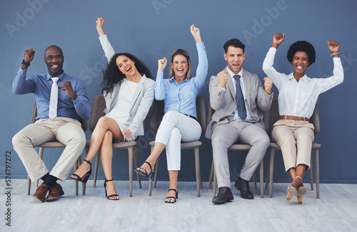 Business people, diversity and celebration in waiting room for recruitment, winning or hiring success at the office. Happy group of intern candidates celebrating victory, win or achievement for hired