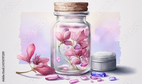  a painting of a glass jar with flowers in it and some pills on the ground next to it and a bottle of pills in front of it.  generative ai photo