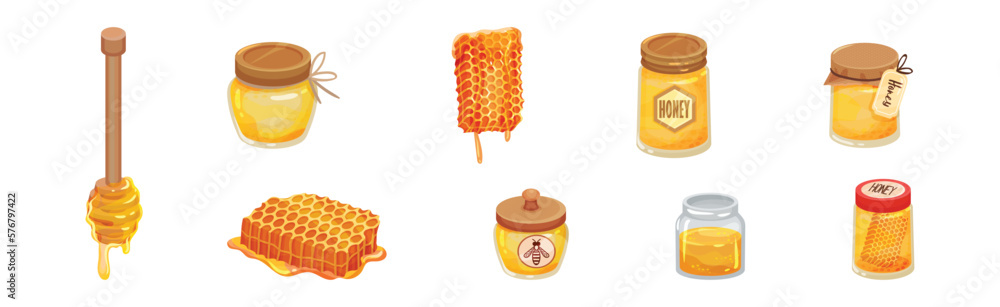 Honey with Dipper and Honeycomb with Sticky Golden Nectar Vector Set Honey with Dipper and Honeycomb with Sticky Golden Nectar Vector Set
