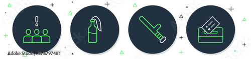 Set line Cocktail molotov, Police rubber baton, Crowd protest and Vote box icon. Vector