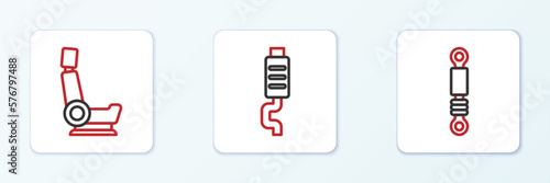 Set line Shock absorber, Car seat and muffler icon. Vector