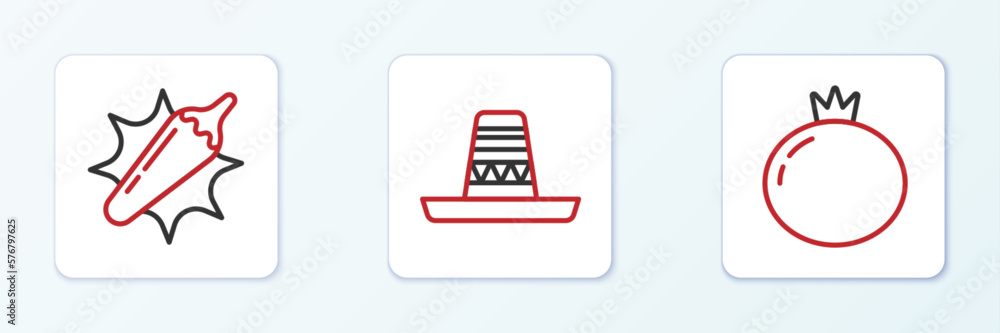 Set line Tomato, Hot chili pepper pod and Mexican sombrero icon. Vector Set line Tomato, Hot chili pepper pod and Mexican sombrero icon. Vector